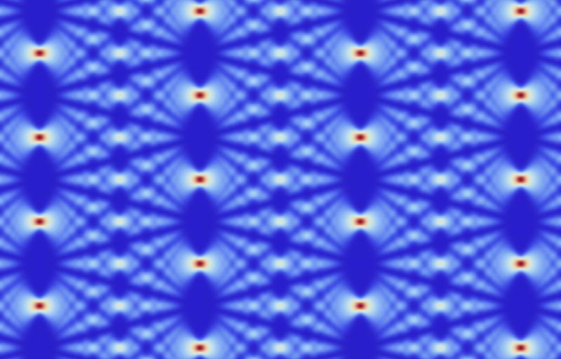 Der Talbot-Effekt formt periodische Muster aus Laserlicht (Simulation). An den Punkten hoher Intensität (rot) können Einzelatom-Quantenbits gespeichert und verarbeitet werden.