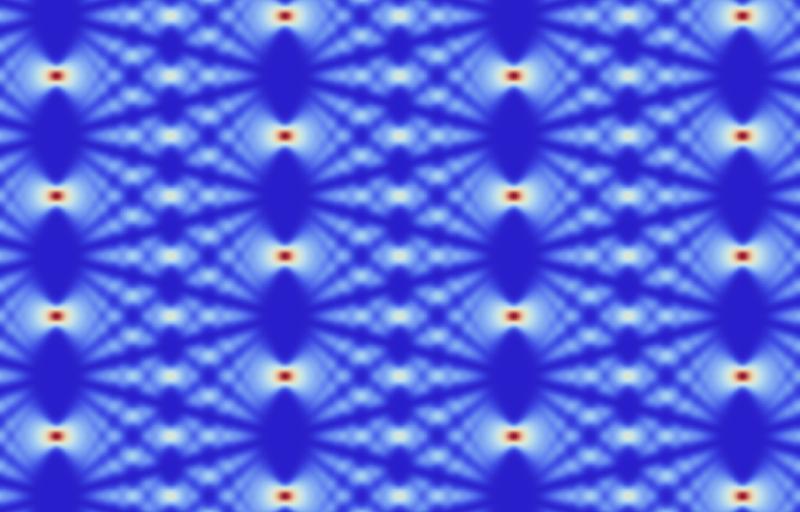 The Talbot effect forms periodic patterns from laser light (simulation). Single atom qubits can be stored and processed at the high intensity points (red).