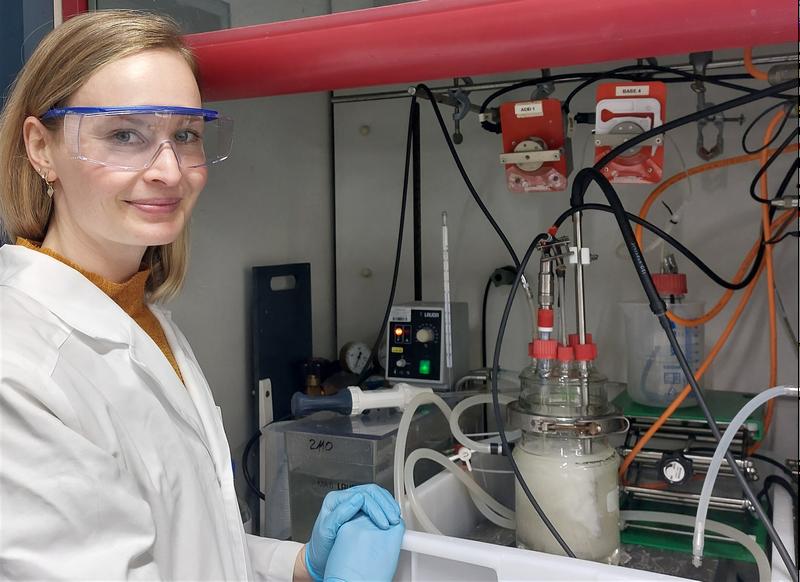 Doktorandin Marion Jespersen bei der Arbeit an einem Fermenter, in dem M. thermolithotrophicus ausschließlich auf Sulfat als Schwefelquelle wächst. 