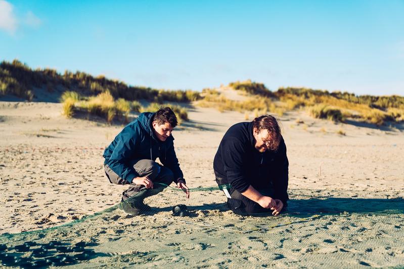Mit Ankern fixieren die Wissenschaftler Mattis Wolf und Christoph Tholen (von links) Netze, die den ausgebrachten Plastikmüll vor einer Verwehung am Strand von Spiekeroog schützen.