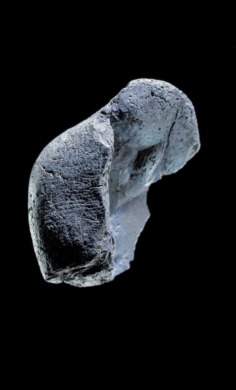 Birch tar lump from Königsaue. The imprints of a stone and of a piece of wood stand out in the tar; faintly recognizable is the fingerprint of a Neanderthal.