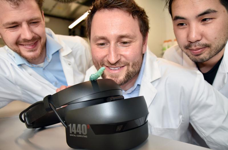 Die Gießener Biologen und Studienautoren Dr. Anton Windfelder (mittig) Dr. Jan Scherberich (links) sowie Informatiker und VR-Experte Viet Duc Vu (rechts) mit einer Tabakschwärmerlarve auf dem VR-Headset.