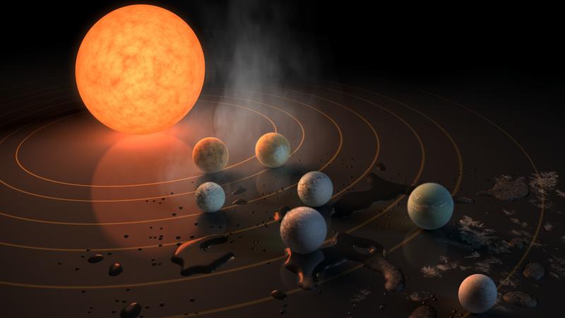 Diese künstlerische Darstellung zeigt das Planetensystem TRAPPIST-1 mit einem sehr kühlen roten Zwergstern in seinem Zentrum.