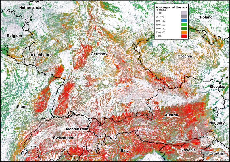 Beispiel einer satellitenbildbasierten Waldbiomasseverteilungskarte. Deren Erstellung erfordert Datenerhebungen im Wald. Diese sollen europaweit optimiert werden.
