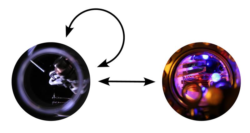 Für die Suche nach dunkler Materie wurden drei Atomuhren verglichen: Zwei davon nutzen ein einzelnes, in einer Ionenfalle gespeichertes Ion (links), und die dritte Atomuhr verwendet ca. 1000 neutrale Atome in einem optischen Gitter (rechts).