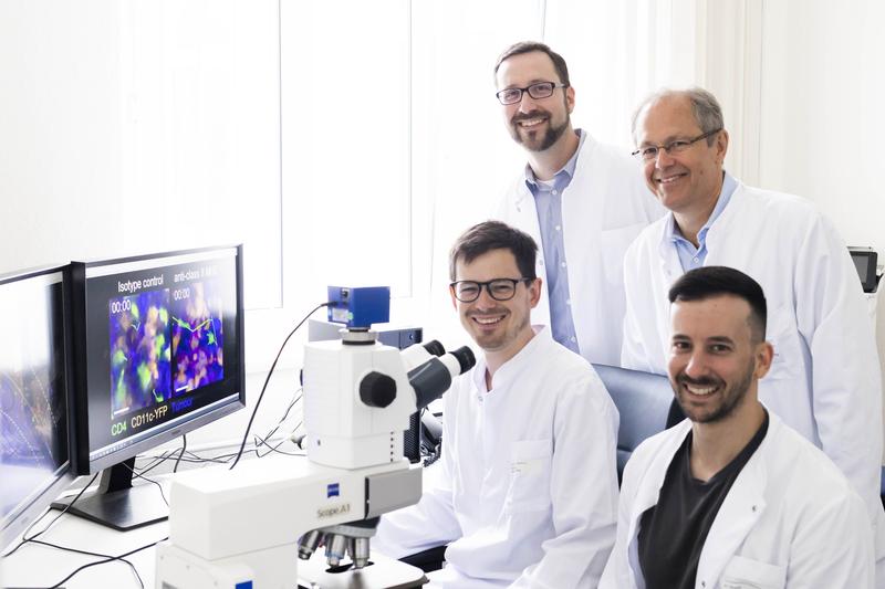 The team of authors at the microscope (f.l.) Bastian Kruse, Prof. Dr. Andreas Müller, Prof. Dr. Thomas Tüting, Dr. Anthony Buzzai
