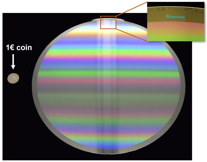 Forschenden des Fraunhofer IOF ist es erstmals gelungen, eine Metaoberfläche mit einem Durchmesser von 30 Zentimetern zu realisieren – hier im Vergleich mit einer Ein-Euro-Münze.