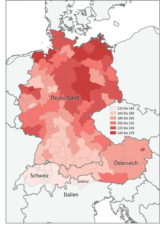 Vermeidbare Sterbefälle je 100.000 Einwohner im deutschsprachigen Raum nach Region standardisierte Sterbeziffer (auf Basis der Europastandardbevölkerung 2013); beide Geschlechter zusammen; 2017–2019