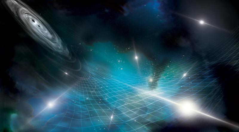 The artist's impression shows how a series of pulsars are influenced by gravitational waves originating from a pair of supermassive black holes from a distant galaxy.