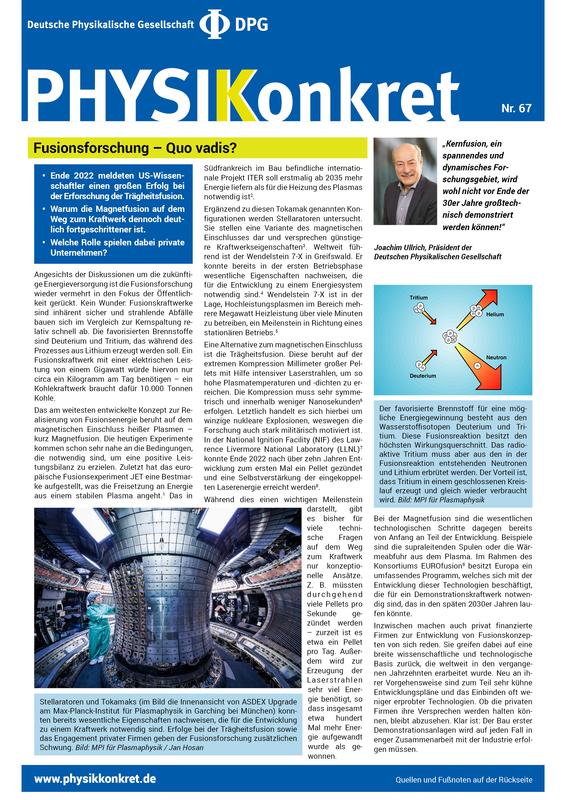 Ein Faktenblatt der Deutschen Physikalischen Gesellschaft (DPG) nimmt die Fortschritte der Fusionsforschung ins Visier.