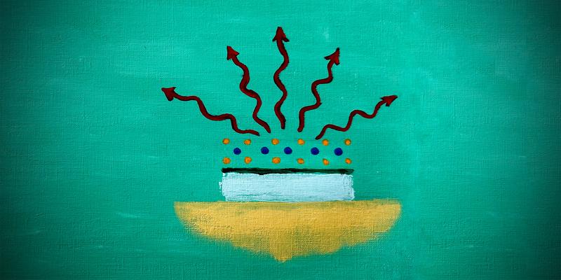 Physik im Acrylgemälde: Eine künstlerische Darstellung des ETH-​Experiments, in dem ein Halbleitermaterial (orangene/blaue Punkte) als Antenne wirkt.
