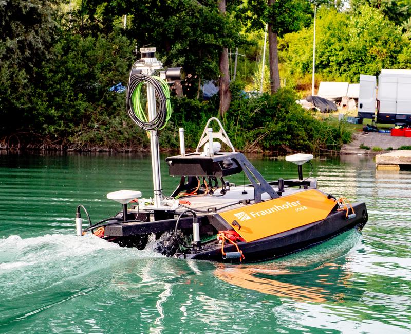 The USV in action, using the autonomous capabilities and sensors for underwater and above-water mapping fitted as part of the TAPS project. 