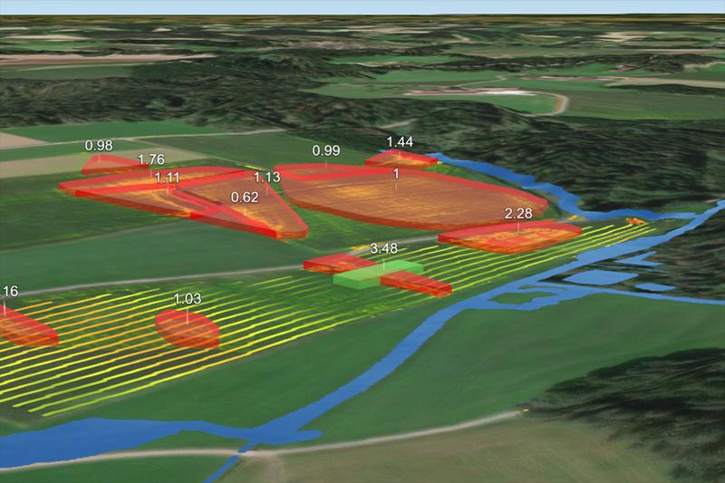 On the high-resolution erosion maps of EROPSPOT, erosion-prone areas including river direction (in the image in red) are marked three-dimensionally, as well as possible locations for interventions such as green strips or beetle banks (green bar)