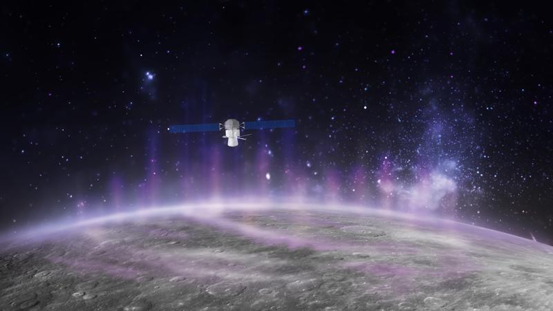 Graphische Darstellung der ESA/JAXA-Raumsonde BepiColombo, die am Merkur durch einen „Regen“ aus Elektronen fliegt. Diese Elektronen können die Röntgenlicht-Plarlichter des Merkurs auslösen.