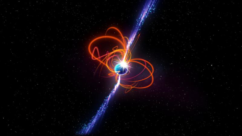 Künstlerische Darstellung des extrem langperiodischen Magnetars - einer seltenen Art von Stern mit extrem starken Magnetfeldern, die gewaltige Energieausbrüche erzeugen können.