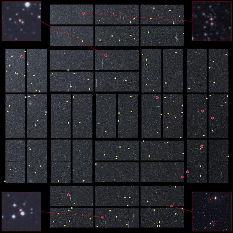 In this composite of full-frame images taken by the Kepler telescope, the positions of some of the wide binaries from the sample are overplotted in yellow and red. The red dots indicate systems found to be of solar age. Four of them are shown zoomed in.