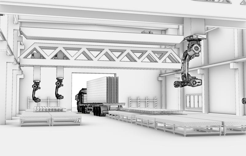 Kranbahn, Industrieroboter, Laufband … So könnte das Holzbauforschungszentrum ab Sommer 2024 aussehen (Grafik: Martin Dembski / HTWK Leipzig)