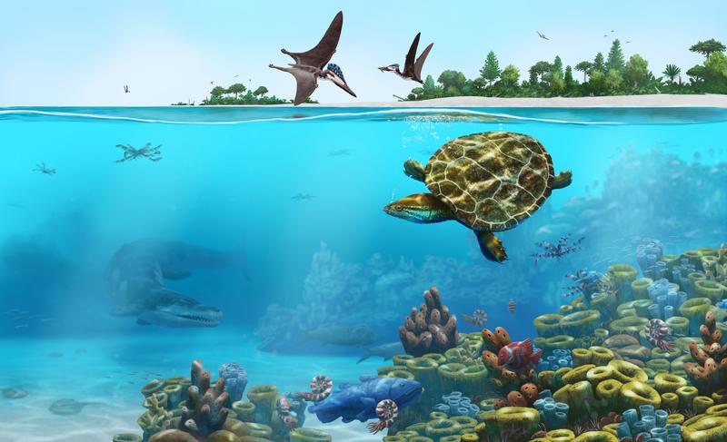 Rekonstruktion des Lebensraums von Solnhofia parsonsi in der Lagunenwelt des Ober-Jura vor 150 Millionen Jahren auf dem Gebiet des heutigen Niederbayern