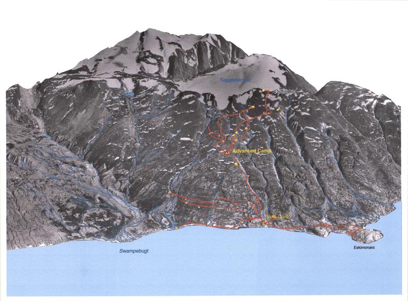 Geplante Route der SLF-Forscher auf den Spuren der Expeditionen von Paul Gelting und Fritz Hans Schwarzenbach.
