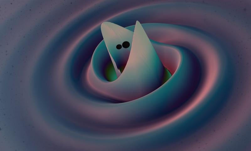 Wellen in der Raumzeit um verschmelzende binäre Schwarze Löcher in einer numerischen Relativitätssimulation.