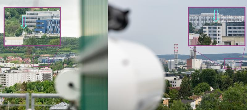 Collage showing the free-space link: on the left the perspective from the roof of the Jena public utility company in the direction of the Fraunhofer IOF, on the right the opposite viewing direction.