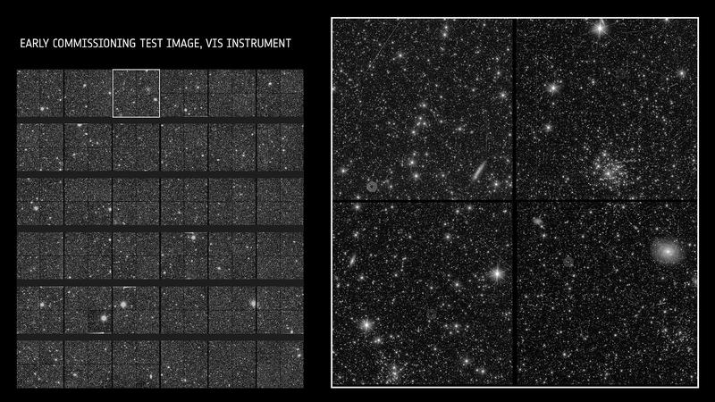 Testbild des gesamten Bildfelds des VIS-Instruments aus der frühen Phase der Inbetriebnahme. Das rechte Bild zeigt eine Detailvergrößerung des im linken Bild markierten Bereichs.