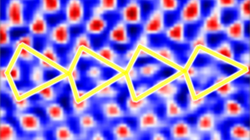 Transmission electron microscopy image resolving even light atoms (here: boron and carbon) as interstitial atoms in the centre of the atomic motif. 