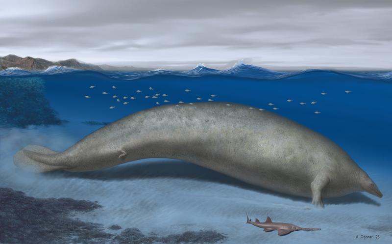 Reconstruction of Perucetus colossus in its coastal habitat. Estimated body length is about 20 metres. 