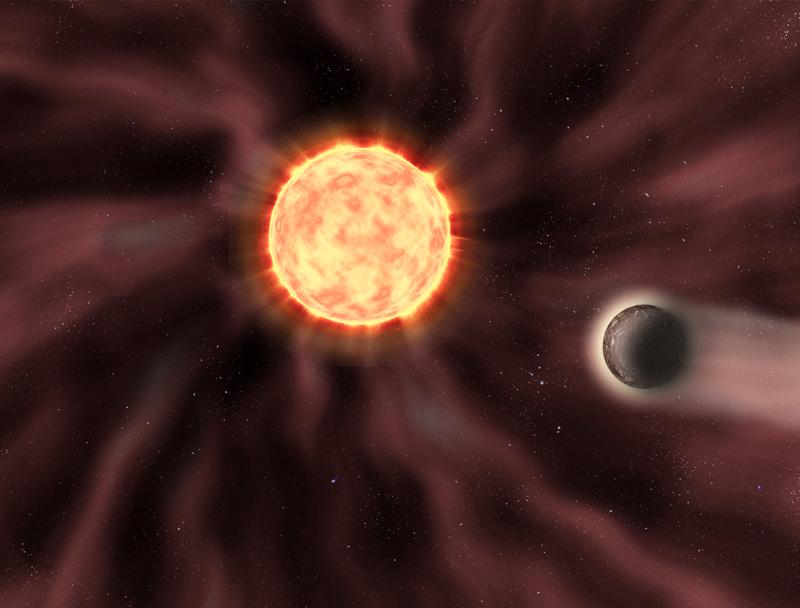 Künstlerische Darstellung eines Stern-Planeten-Systems. Der Sternenwind und sein Effekt auf die Planetenatmosphäre ist erkennbar.