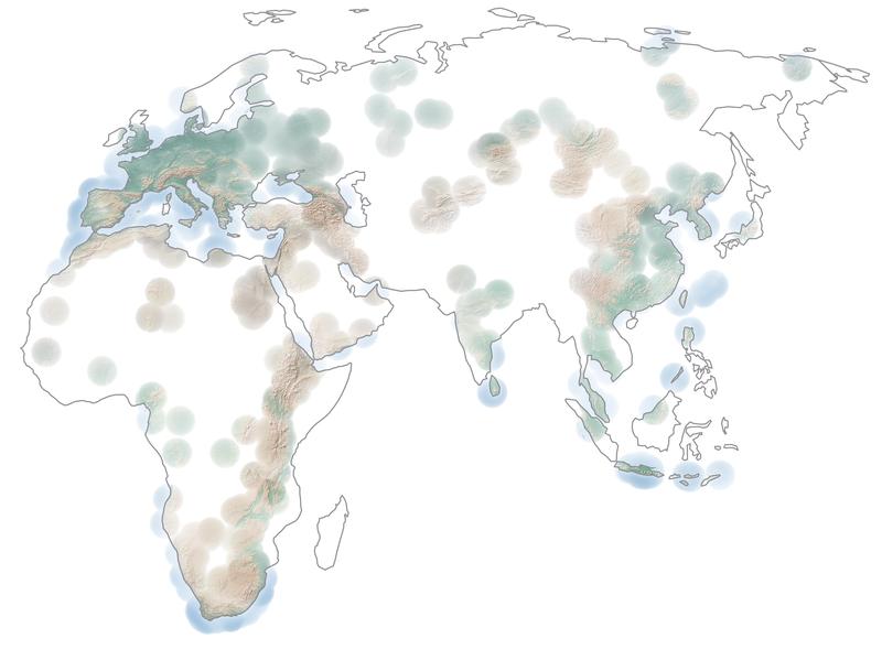 Weiße Flecken auf der Karte zeigen, dass ein Großteil der prähistorischen Welt unerforscht ist. Die Visualisierung basiert auf einer Kerndichteschätzung der Daten in ROAD. Standorte mit größerem Bestand an Fundinventar erscheinen farbintensiver. Austr