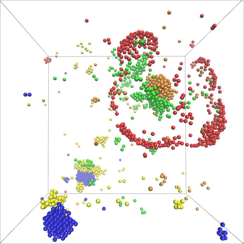 Ein neues Modell beschreibt die Selbstorganisation von katalytischen Molekülen, die an Stoffwechselzyklen beteiligt sind. Verschiedene Arten von Katalysatoren (dargestellt durch unterschiedliche Farben) bilden Cluster und können sich gegenseitig verfolgen