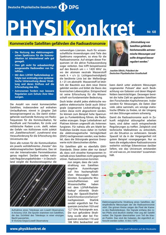 Ein Faktenblatt der Deutschen Physikalischen Gesellschaft (DPG) fordert besseren Schutz der Radioastronomie vor Störung durch Kommunikationssatelliten