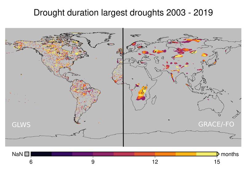 Duration in months of the longest droughts (at least nine months) over the past twenty years according to the new GLWS2.0 data (left) and the GRACE-FO satellite data (right). 