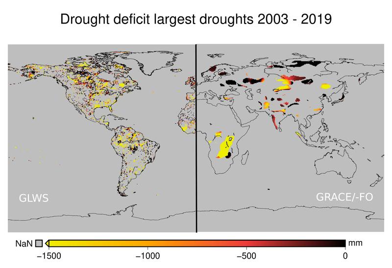 Water deficit caused by the longest droughts (at least nine months) over the past twenty years according to the new GLWS2.0 data (left) and the GRACE-FO satellite data (right). 