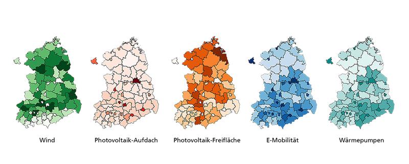 Die Karten zeigen die installierte Leistung pro Fläche des Szenarios für 2045. Hohe Farbintensität bedeutet hohe Leistungsdichte (kW/ha).