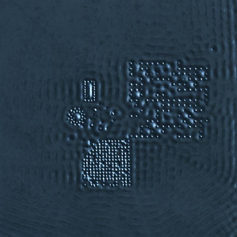 3D view of some of the structures built atom-by-atom from silver (small hillocks). A rectangular and a circular electron cage are seen in the top left quarter of the image. 