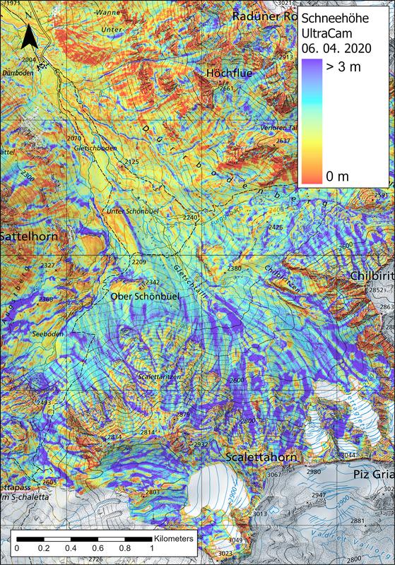 Snow depth in the Dischma valley (Davos, Schweiz) in winter 2020 (6 April 2020)