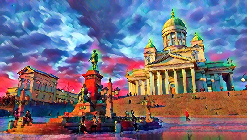 Eine Stadtansicht von Helsinki im Stile des französischen Malers Henri Matisse. Erstellt mit der KI Style Transfer für einen Probanden, der im Fragebogen eine Reise in die finnische Hauptstadt erwähnte