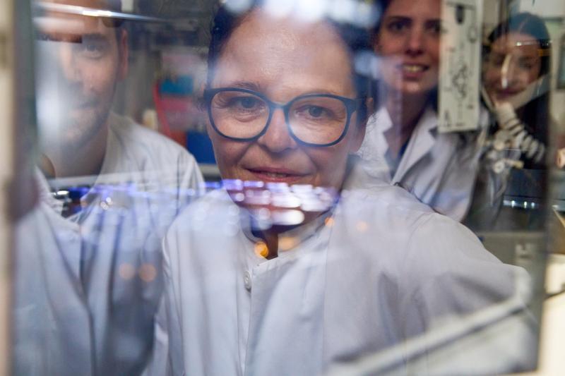 Reflection in the protective screen: Prof. Dr. Tanja Schneider and her team from the Institute of Pharmaceutical Microbiology. 