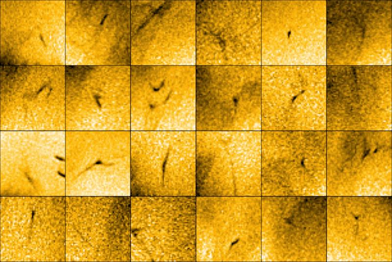 Aufnahmen verschiedener Piko-Flare-Ströme, die dem Solar Orbiter-Instrument EUI am 30. März 2022 gelungen sind. Der Bildausschnitt jedes einzelnen Bildes beträgt 6000 Kilometer x 6000 Kilometer. 