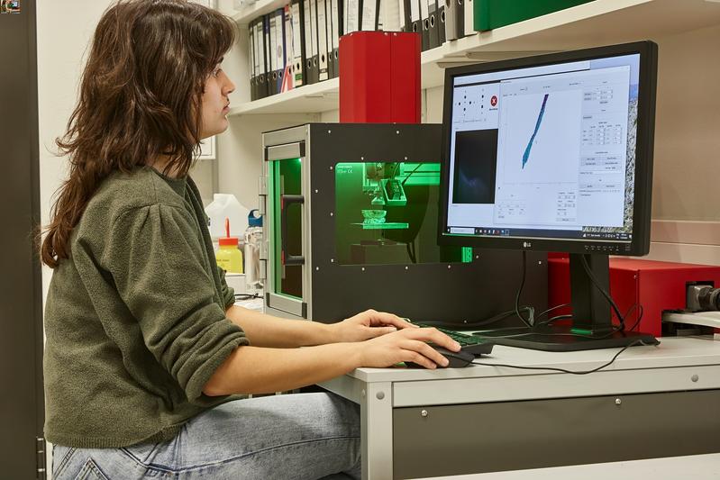 Das LIBS-System im Labor des LEIZA. Die Muschelschalen werden innerhalb der Kammer durch einen computergesteuerten Laserstrahl beprobt.
