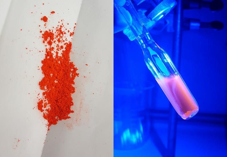 The molybdenum complex comes in the form of a red-colored solid (left). On exposure to blue light, it exhibits red luminescence (right).