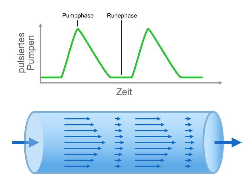 Pulsierendes Pumpen beruhigt Turbulenzen. Die Pumpe beschleunigt und bremst dann ab. Danach folgt eine Ruhephase ohne Pumpen, in der die Bewegung der Turbulenzen abklingen kann. Diese Pumpbewegung ist von der Pulsform des menschlichen Herzens inspiriert.