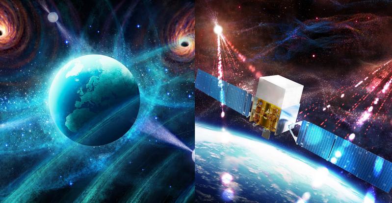 Two artist’s impressions: Left: an ensemble of pulsars used to detect a sea of gravitational waves travelling through space. Right: NASA’s Fermi space telescope observing gamma-ray pulsars and independently detecting the gravitational wave background.
