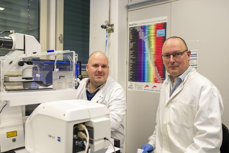 Infection biologist Dr. Markus Hoffmann (left) and Prof. Dr. Stefan Pöhlmann, Head of the Infection Biology Unit at the German Primate Center (DPZ) – Leibniz Institute for Primate Research. 