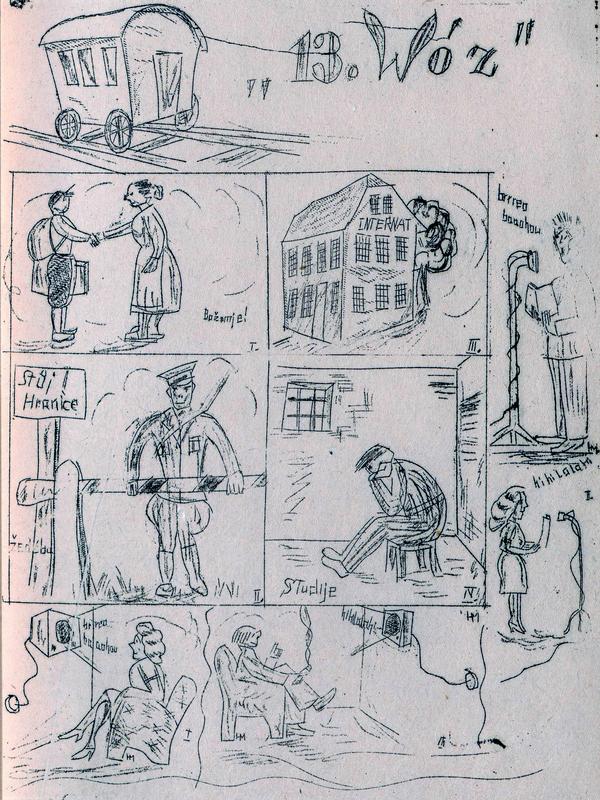 Karikatur aus der Schülerzeitschrift "Naš puć" [Unser Weg] der Varnsdorfer Schüler, die den Alltag im Internat und die anstrengende Schule beschreibt (Ausgabe vom 1.10.1948) © Sorbisches Kulturarchiv/ Sorbisches Institut