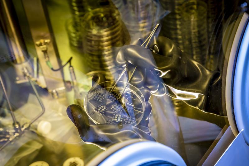 Organische Solarzellen in einer sogenannten Glovebox, in der sie mit künstlichem Sonnenlicht bestrahlt werden.