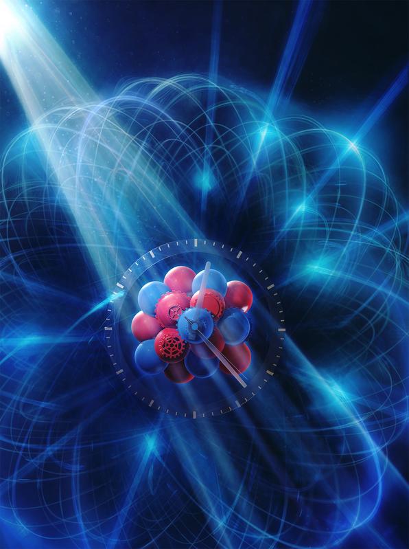 Künstlerische Darstellung: Mit den Röntgenpulsen des European XFEL ließen sich im Kern von Scandium-Atomen jene Prozesse anregen, die ein Uhrensignal mit einer noch nie dagewesenen Präzision von einer Sekunde in 300 Milliarden Jahren ermöglichen.