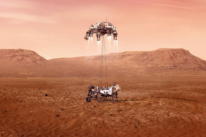 Artist's rendering of the February 18, 2021 landing of the Mars rover Perseverance on Mars in Jezero Crater. The main goals of NASA's MARS 2020 mission are to search for signs of past life and to collect rock and soil samples for later return to Earth. 