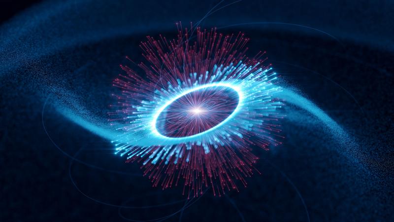 Die Forscherinnen und Forscher nehmen an, dass infrarote Lichtteilchen (Photonen) von den Polen des Pulsars durch schnelle Elektronen auf Gammastrahlen-Energien geboostet werden (blau).